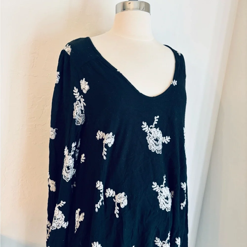 Free People Black Emma Austin Floral Embroidered Boho Swing Mini Dress, M